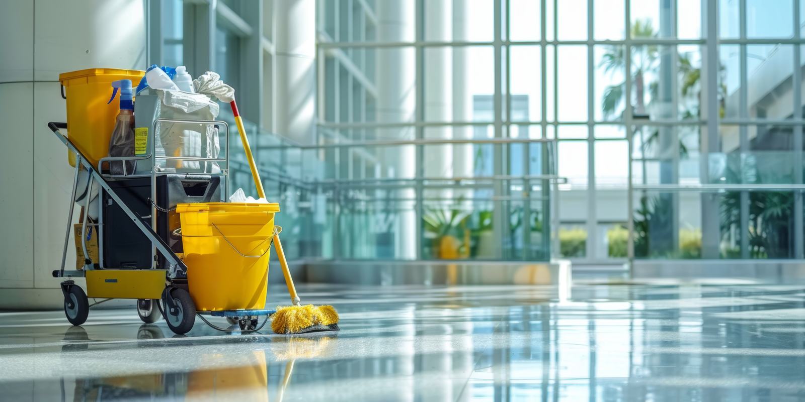 Janitorial cart and mop on a polished floor in a glass atrium