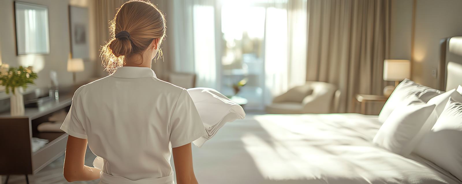 Housekeeper carrying fresh linens into a hotel room