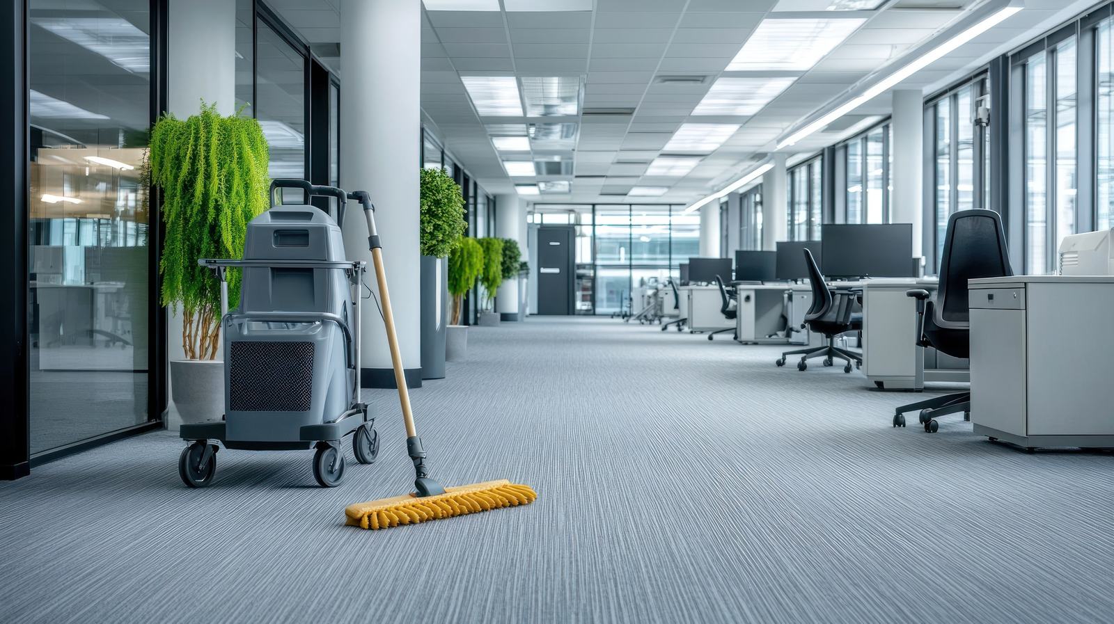 Cleaning cart and dust mop staged in a carpeted office corridor