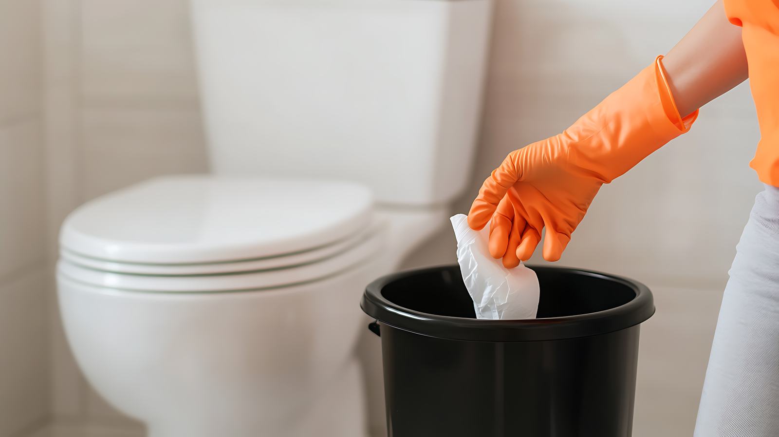 Gloved hand emptying a restroom waste bin
